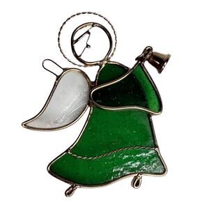 Angel Stained Glass Ornament Gold Bell Charm 5" Sun Catcher Hanging Decor Green